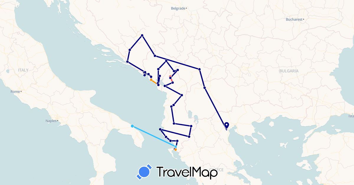 TravelMap itinerary: driving, hiking, boat, hitchhiking in Albania, Bosnia and Herzegovina, Greece, Italy, Montenegro, Macedonia (Europe)